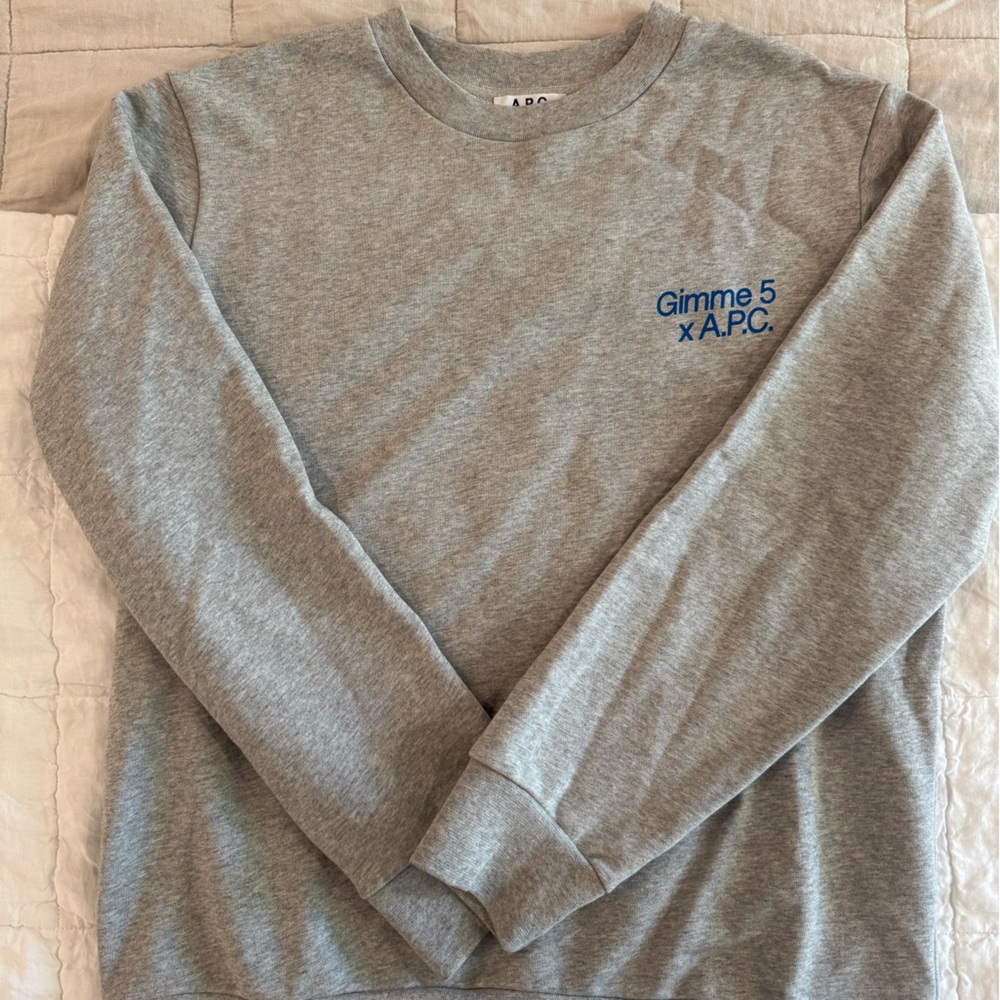 A.P.C. Gray Crewneck Sweatshirt with Blue 'Gimme 5 x A.P.C.' Logo